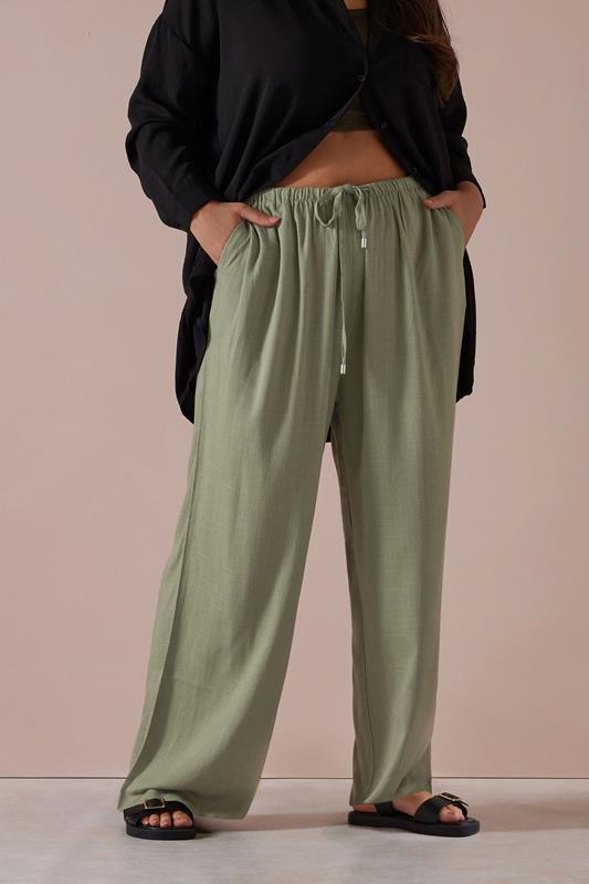 YOURS Plus Size Olive Green Linen Tie Front Trousers | Yours Clothing 1