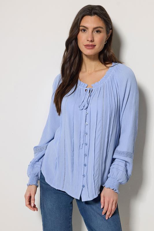  M&Co Blue Trim Detail Tie Neck Blouse