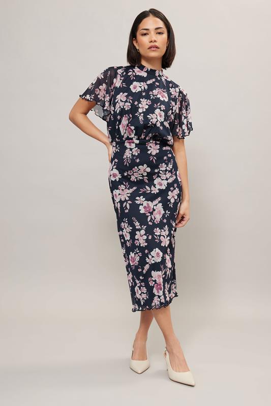 PixieGirl Petite Women's Navy Blue Floral Print Flutter Sleeve Dress | PixieGirl 2