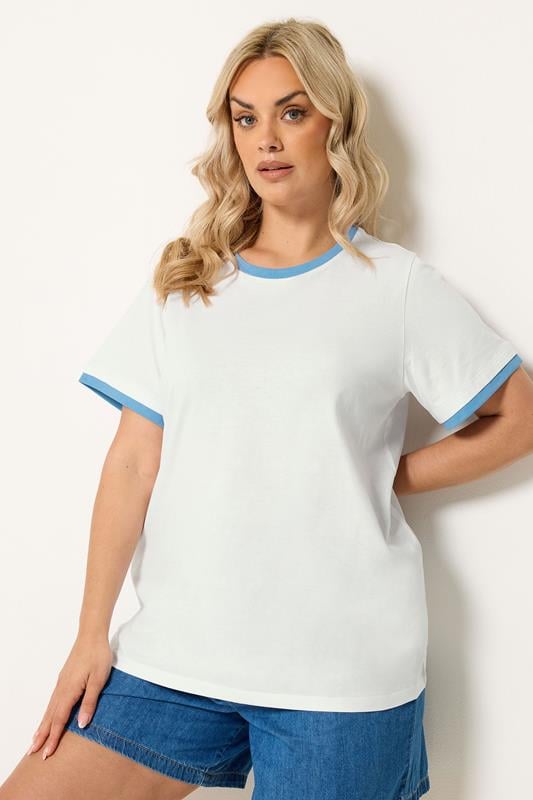 YOURS Curve White Contrast Trim T-Shirt