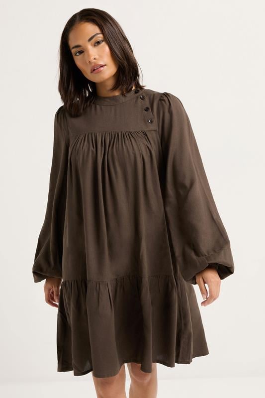 PixieGirl Petite Women's Chocolate Brown Button Smock Midi Dress | PixieGirl 1