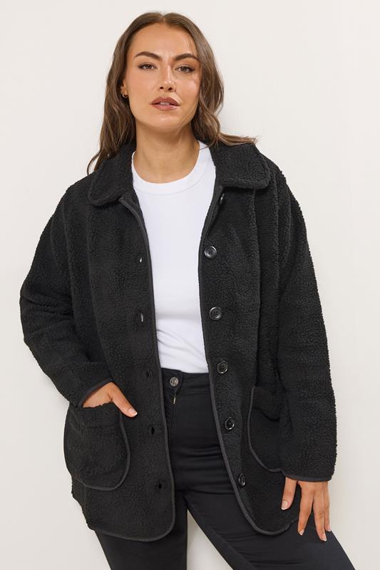 YOURS Plus Size Black Button Teddy Fleece Jacket | Yours Clothing 1