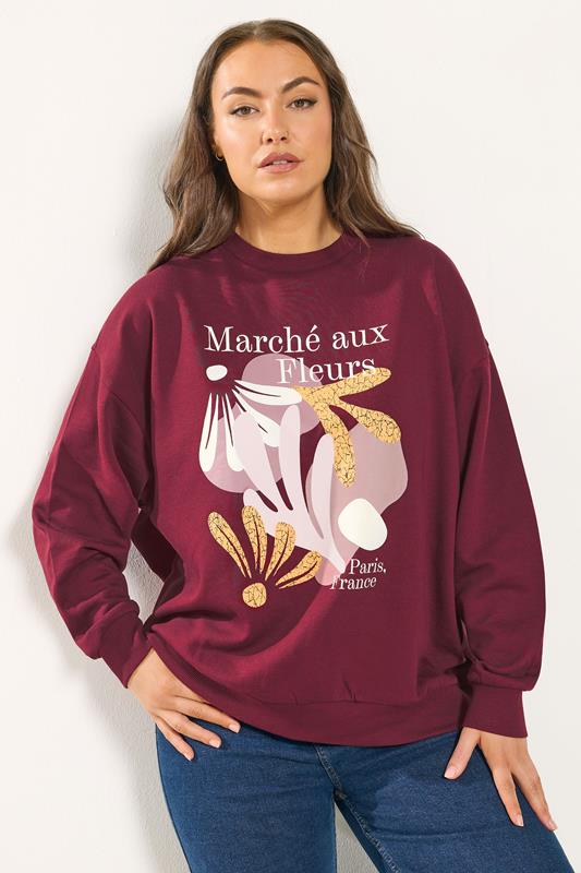 YOURS Curve Burgundy Red 'Marche Aux Fleurs' Slogan Sweatshirt