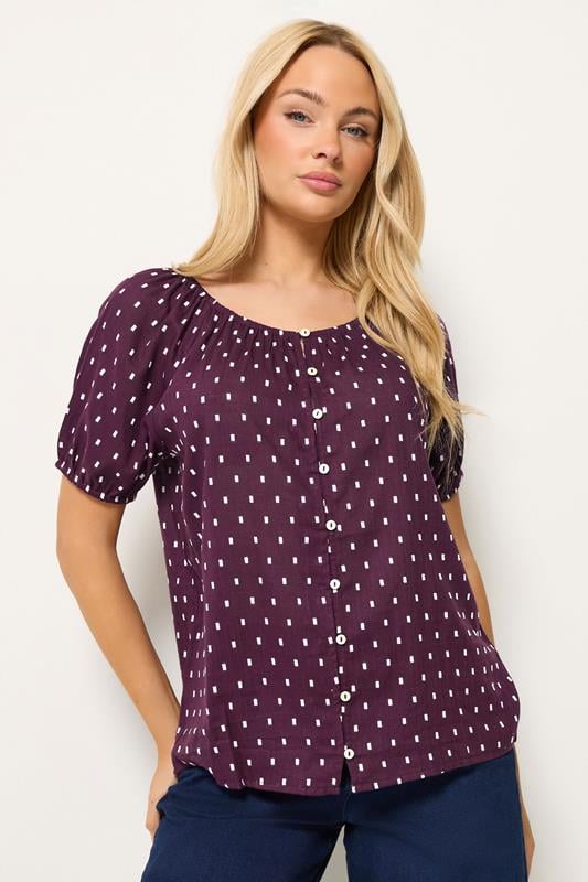  M&Co Berry Purple Dobby Button Up Cotton Blouse