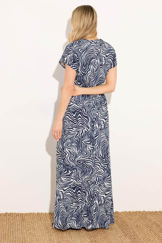 LTS Tall Women's Navy Blue Abstract Jersey Shirred Waist Cotton Maxi Dress | Long Tall Sally 2