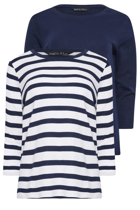 M&Co 2 Pack Navy Blue Striped & Plain 3/4 Sleeve Cotton Tops | M&Co 6