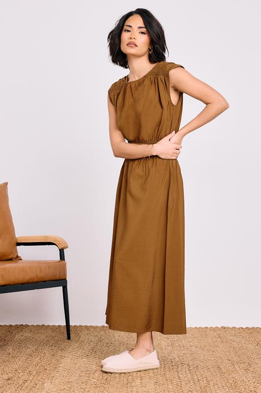 PixieGirl Petite Women's Brown Shirred Waist Maxi Dress | PixieGirl 5