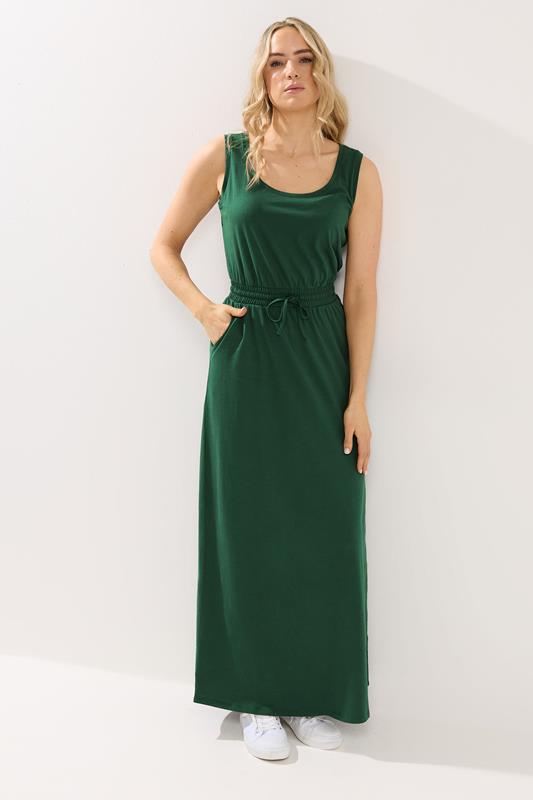 LTS Tall Women's Dark Green Tie Waist Cotton Maxi Dress | Long Tall Sally 1