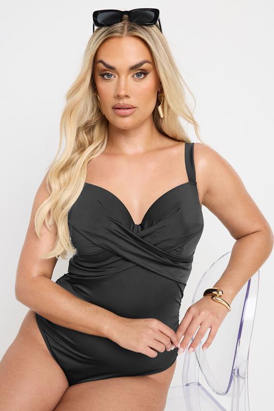 YOURS Plus Size Black Twist Front Premium Underwired Swimsuit | Yours Clothing 1