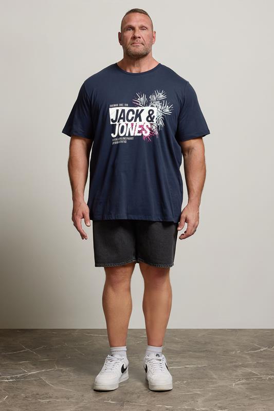 JACK & JONES Big & Tall Navy Blue Contrast Logo Print T-Shirt | BadRhino 1
