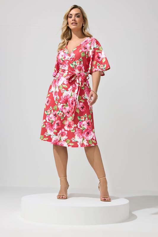 YOURS LONDON Plus Size Red Floral Wrap Skater Dress | Yours Clothing 1