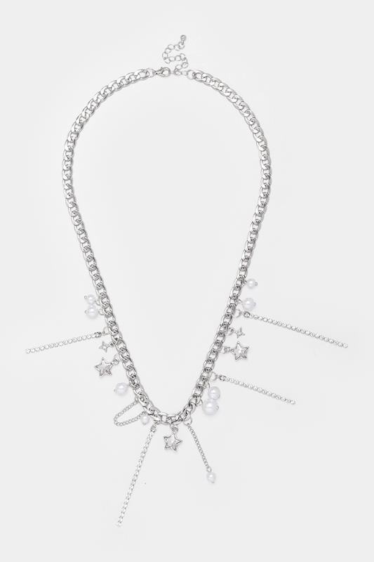 Silver Tone Star Pearl Droplet Necklace
