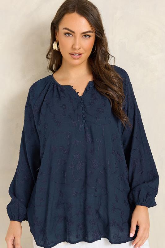 EVANS Curve Navy Blue Floral Embroidered Blouse