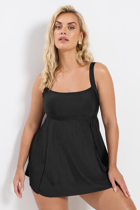 YOURS Plus Size Black Square Neckline Tummy Control Swim Dress | Yours Clothing 1