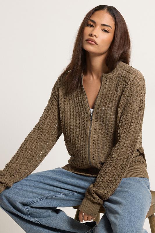 PixieGirl Petite Chocolate Brown Crochet Bomber Cardigan