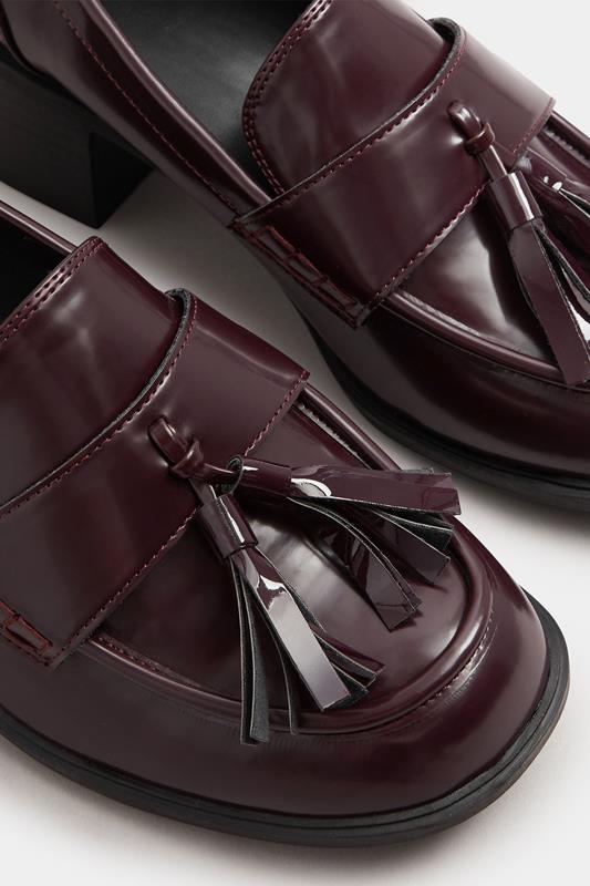 Burgundy Red Patent Heeled Tassel Loafers In Extra Wide EEE Fit | Yours Clothing 6