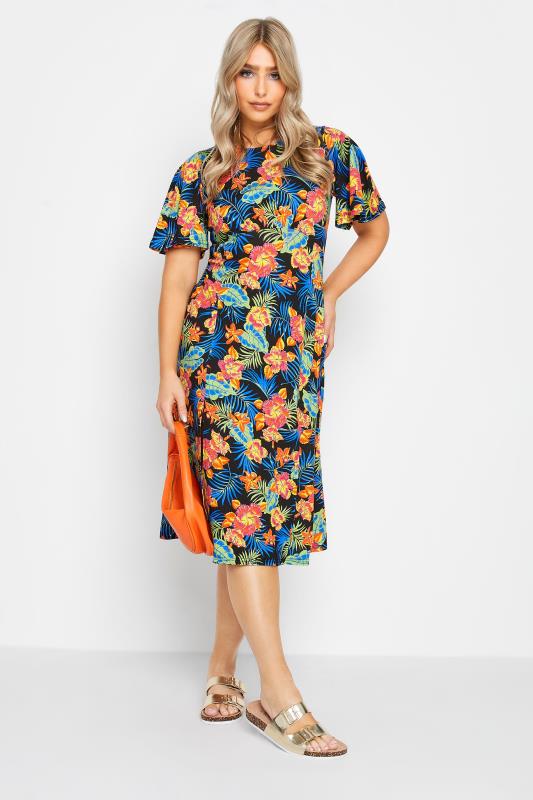 M&Co Black Floral Print Angel Sleeve Split Hem Midi Dress | M&Co 2