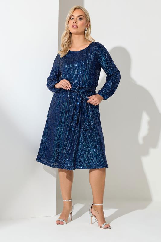YOURS LONDON Plus Size Blue Sequin Skater Midi Dress | Yours Clothing 1