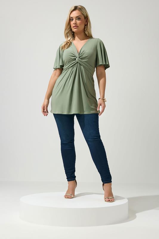 YOURS LONDON Plus Size Sage Green Knot Detail Front Short Sleeve Top | Yours Clothing 1