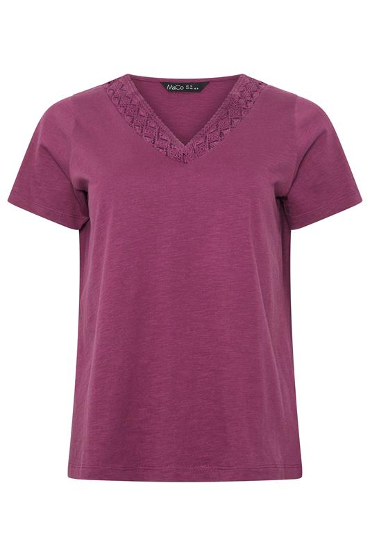 M&Co Berry Purple Lace Trim V-Neck Cotton T-Shirt | M&Co 5
