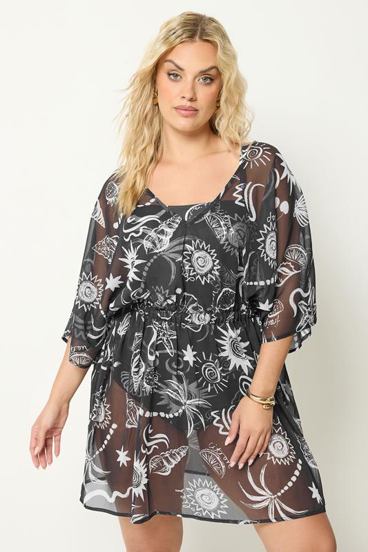 YOURS Plus Size Black Beach Print Mesh Flower Print Beach Kaftan | Yours Clothing 1