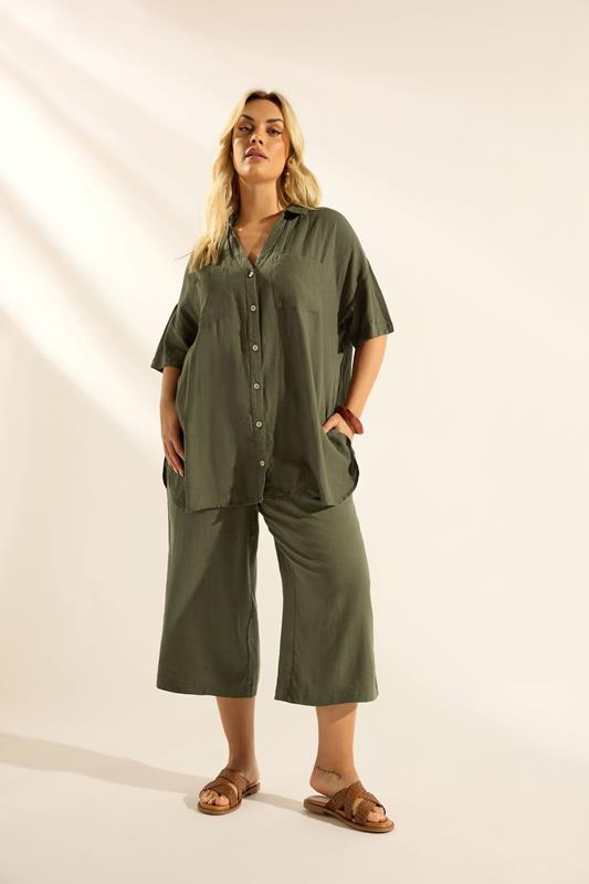 YOURS Curve Olive Green Cropped Linen Trousers