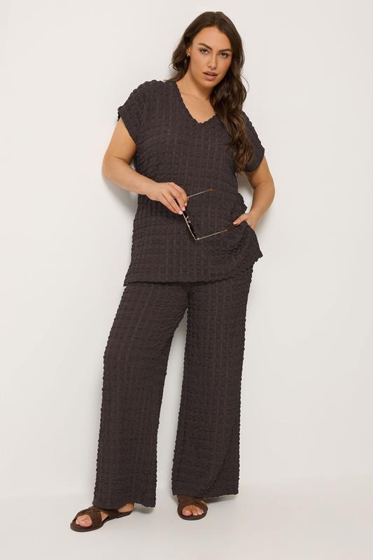 YOURS Curve Set Chocolate Brown Bubble Textured Top & Trousers