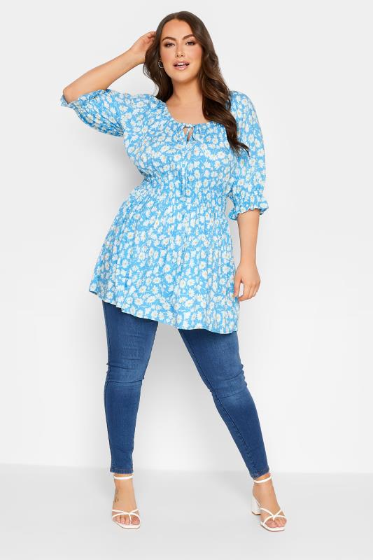 YOURS Plus Size Blue Floral Shirred Tie Front Top | Yours Clothing 2
