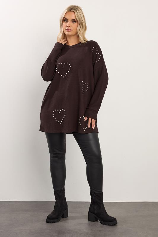 YOURS Plus Size Chocolate Brown Pearl Embellished Soft Touch Jumper | Yours Clothing 1