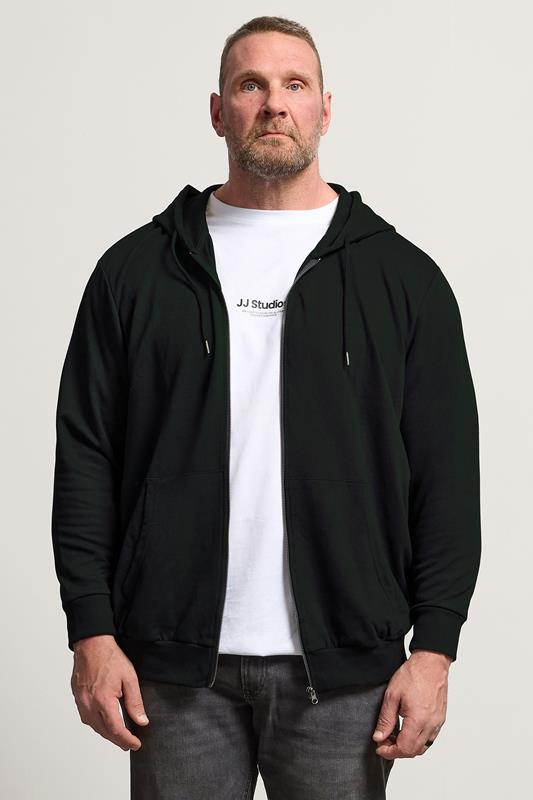 JACK & JONES Big & Tall Black Plain Zip Through Hoodie | BadRhino 1