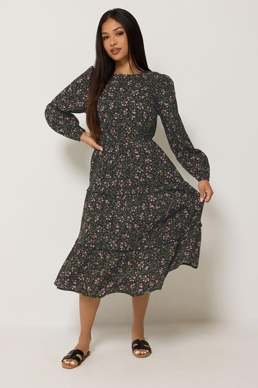 M&Co Petite Black Floral Long Sleeve Ruffle Dress | M&Co 1