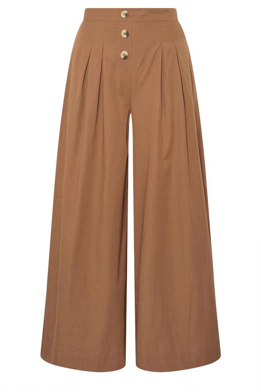 PixieGirl Petite Women's Beige Brown Button Cotton Wide Palazzo Trousers | PixieGirl 5