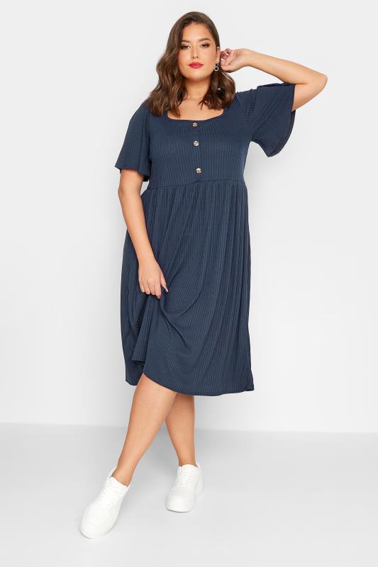 LIMITED COLLECTION Plus Size Blue Ribbed Square Neck Midi Dress | Yours Clothing 1