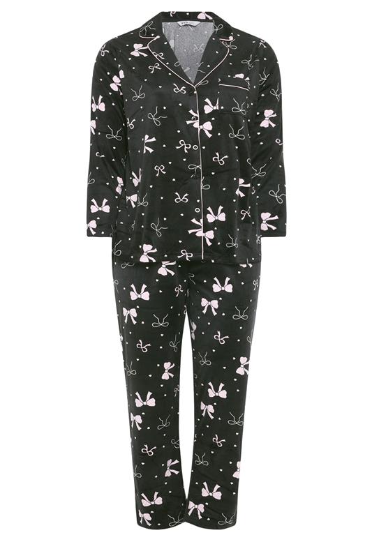 YOURS Plus Size Black Bow Print Fleece Pyjama Set | Yours Clothing 5