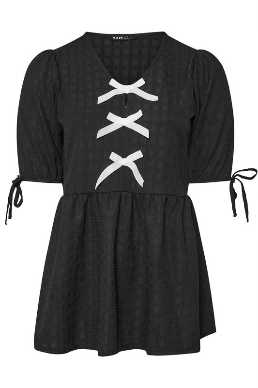 YOURS Plus Size Black Textured Bow Tie Front Top | Yours Clothing 5