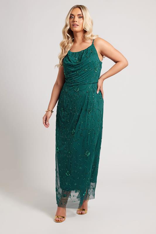 LUXE Plus Size Emerald Green Floral Hand Embellished Maxi Dress | Yours Clothing 1