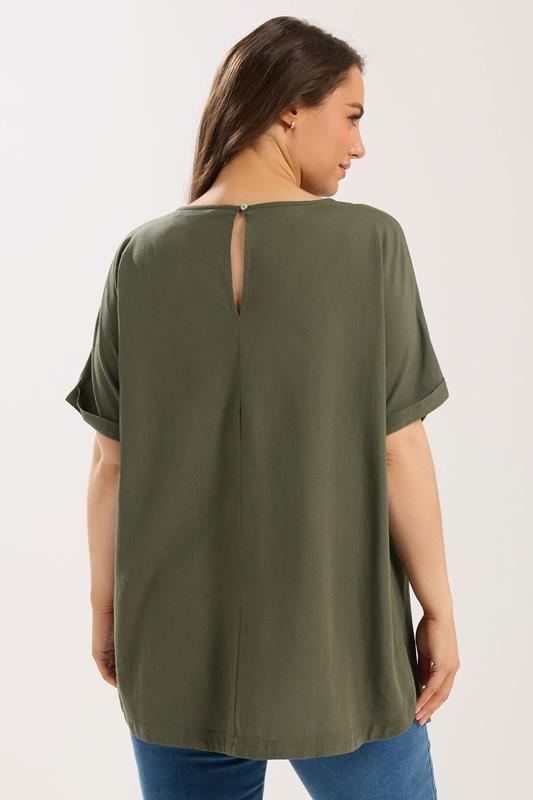 YOURS Plus Size Khaki Green Linen Boxy T-Shirt | Yours Clothing 2