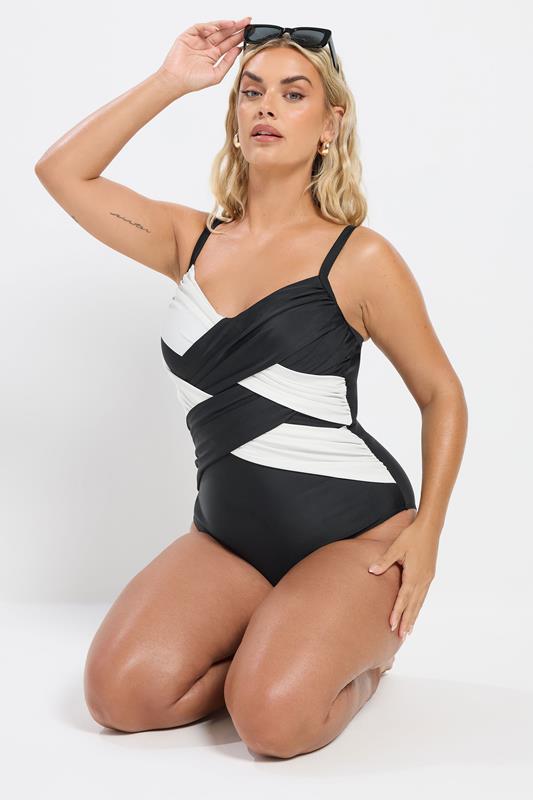 YOURS Plus Size Black & White Contrast Super Sculpt Swimsuit | Yours Clothing 2