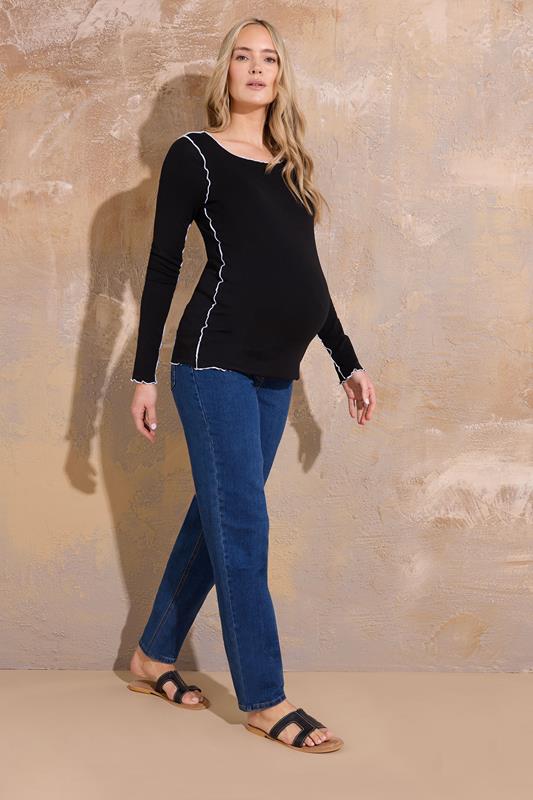 LTS Tall Maternity Black Contrast Stitch Ribbed Top | Long Tall Sally 1