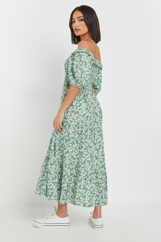 PixieGirl Petite Women's Green Daisy Tiered Bardot Dress | PixieGirl 2