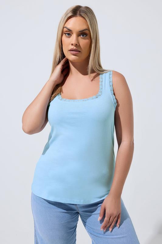 LIMITED COLLECTION Plus Size Blue Lace Trim Vest Top | Yours Clothing 1
