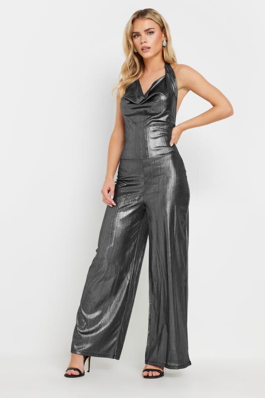PixieGirl Petite Women's Silver Cowl Neck Wide Leg Jumpsuit | PixieGirl 2