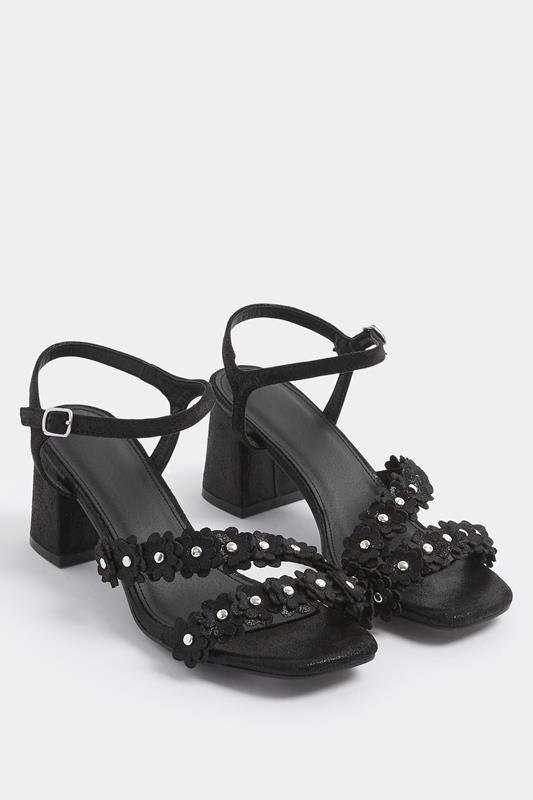 Black Shimmer Floral Block Heel Sandals In Extra Wide EEE Fit | Yours Clothing 1