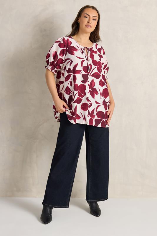 EVANS Plus Size Red Floral Tie Neck Blouse | Evans 2