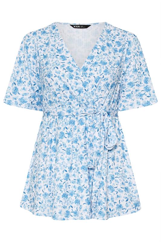 YOURS Plus Size Blue Floral Print Ribbed Wrap Top | Yours Clothing 5