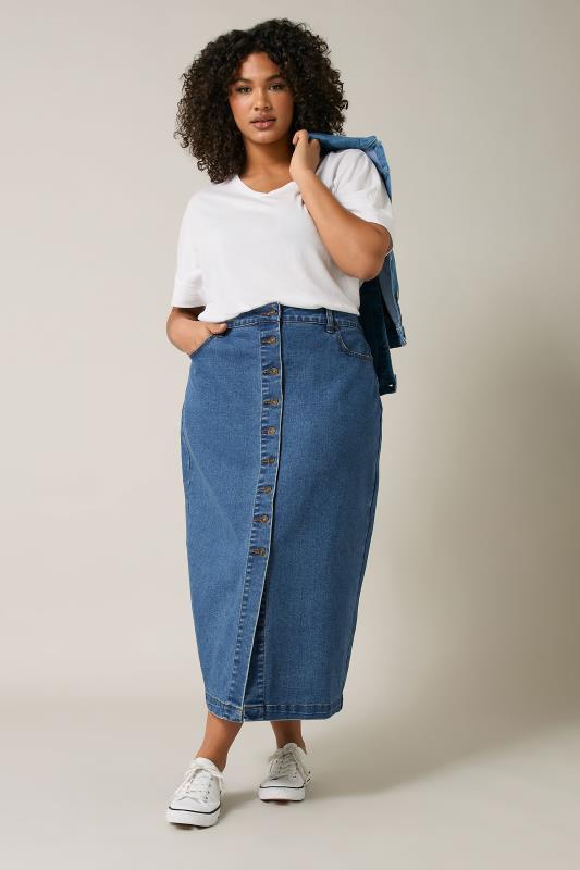 EVANS Plus Size Blue Button Through Denim Maxi Skirt | Evans 2