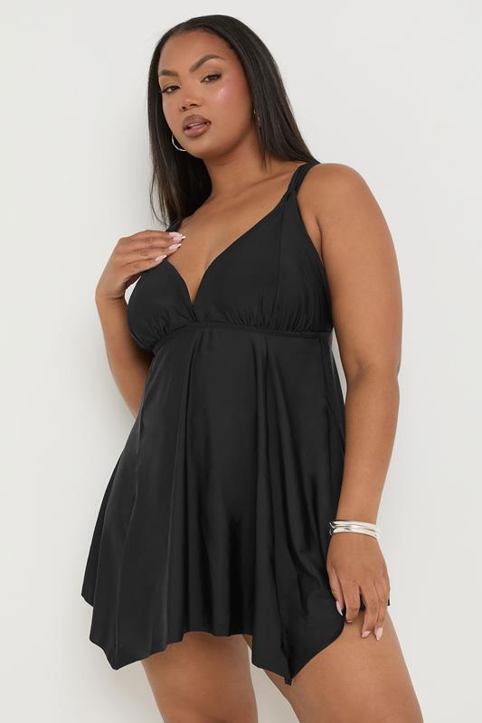 YOURS Plus Size Black Knotted Strap Hanky Hem Swim Dress | Yours Clothing 1