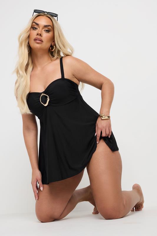 YOURS Plus Size Black Ring Detail Swim Dress | Yours Clothing 1