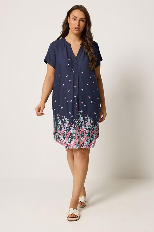 YOURS Plus Size Navy Blue Floral Tunic Dress | Yours Clothing 1