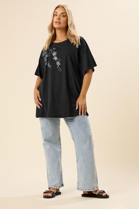 YOURS Plus Size Black Floral Oversized Sequin Top | Yours Clothing 1